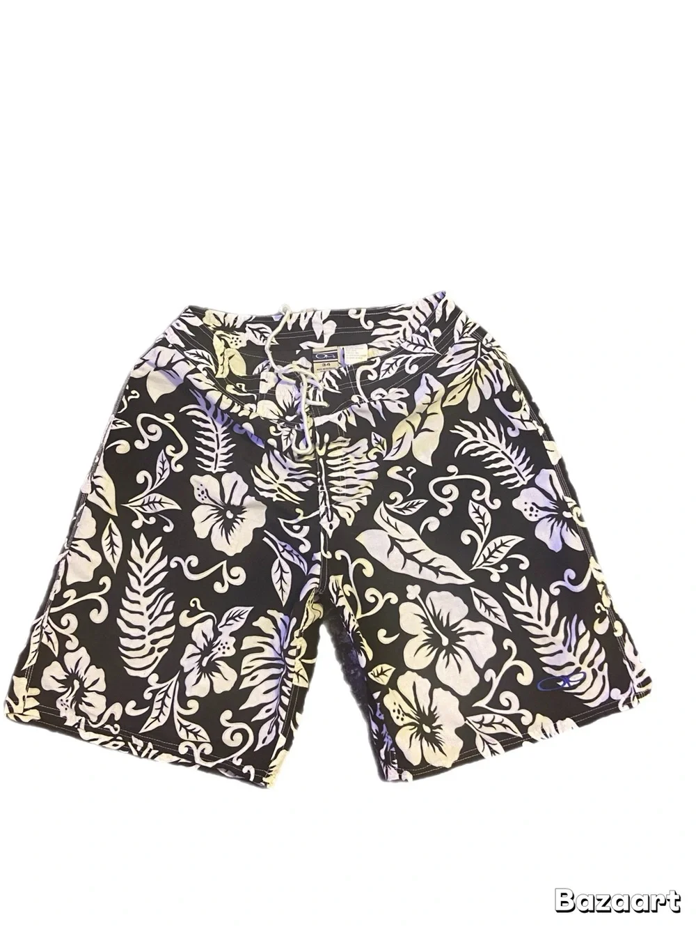 OP Black Men's Floral Swim Shorts with White Hibiscus Print